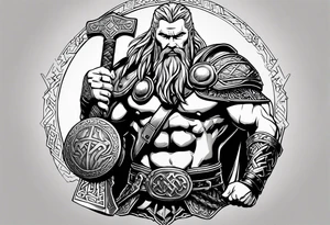 Thor with him holding mjolnir and a vignette of viking rune design tattoo idea
