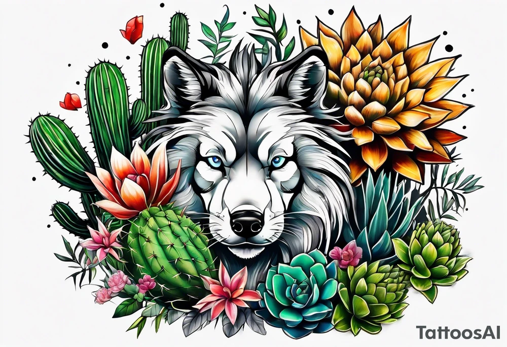 Lobo ,  cactos e árvore da vida tattoo idea