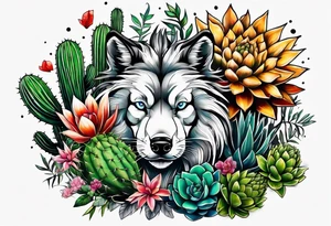 Lobo ,  cactos e árvore da vida tattoo idea