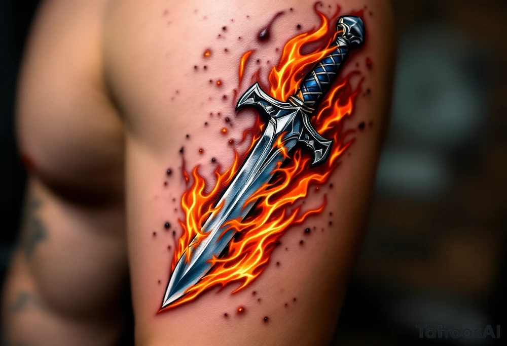 Dagger in Fire – A dagger engulfed in flames of orange, yellow, and red, with the blade in polished steel contrasting against the fiery background. The flames are vivid, wrapping around the dagger in a dynamic motion. tattoo idea