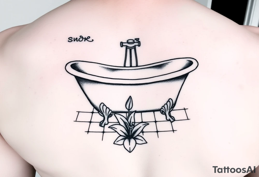 clawfoot bathtub with simple faucet and lily coming up out of the tile floor tattoo idea