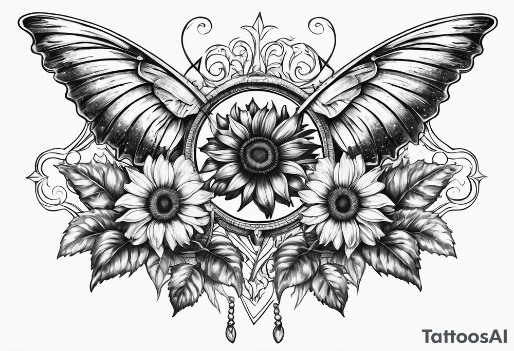 Winged cross with sunflower and butterflies tattoo idea