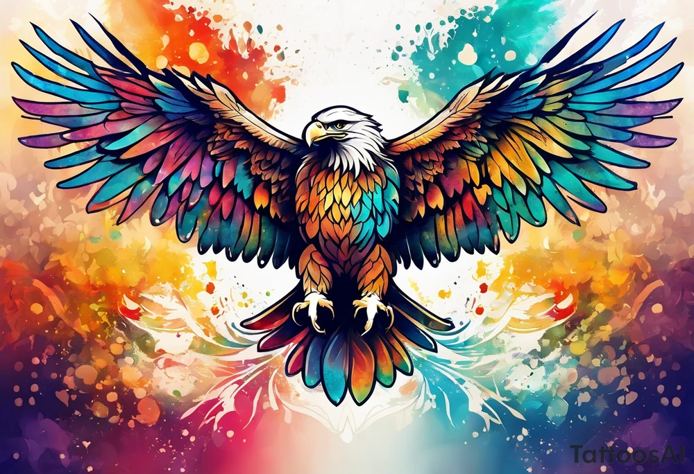 Delicate celtic Eagle with wings spread upwards. Colourful background, splashes on colour tattoo idea