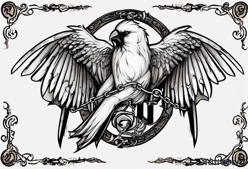 hand horizontally orientation with middle finger extended outward with a headless-songbird perched upon the middle finger, the leg of the bird is chained to the middle finger. A scroll banner with the words "What I've Felt, What I've Known." In stylized font tattoo idea