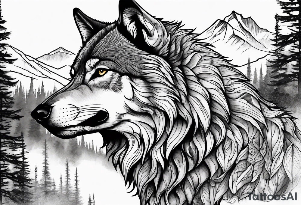 Mountains, wolf in it tattoo idea