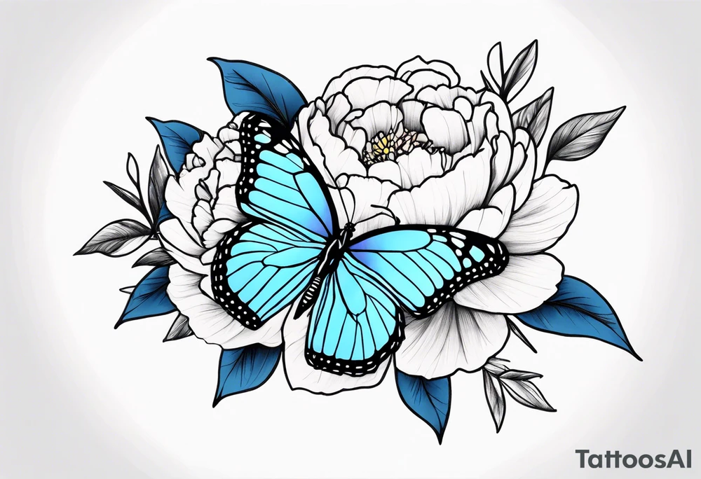 Peony with blue monarch butterflies tattoo idea