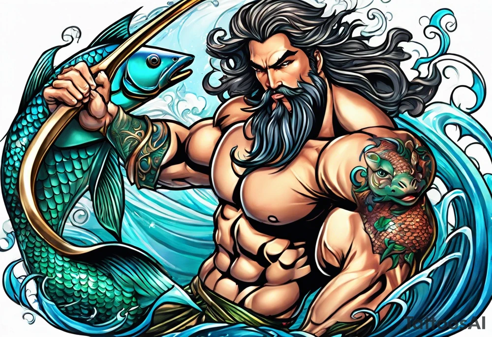 muscular
god 
posideon fighting a sport fish with a trident surrounded by sexy  mermaids tattoo idea