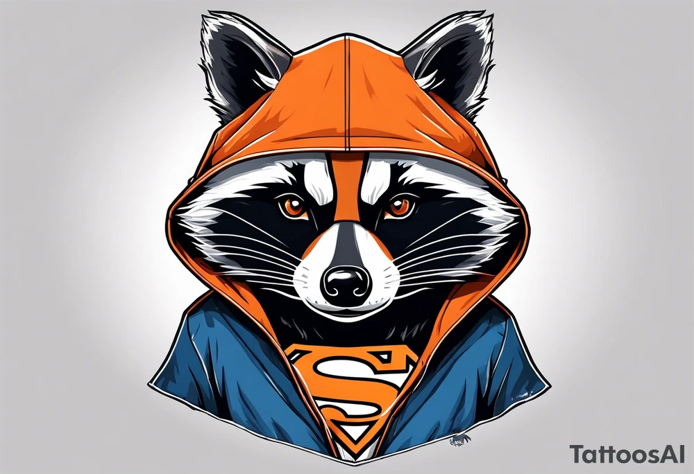 Raccoon wearing an orange Superman hoodie tattoo idea