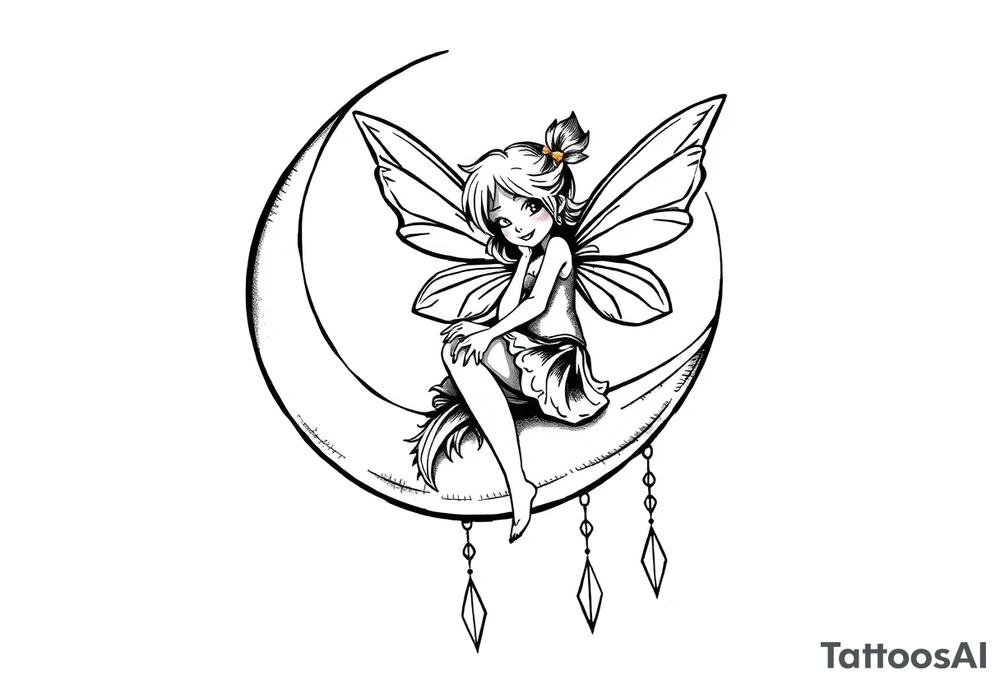 Fairy sitting on moon with dangles tattoo idea