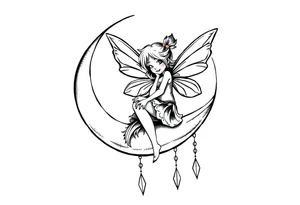 Fairy sitting on moon with dangles tattoo idea