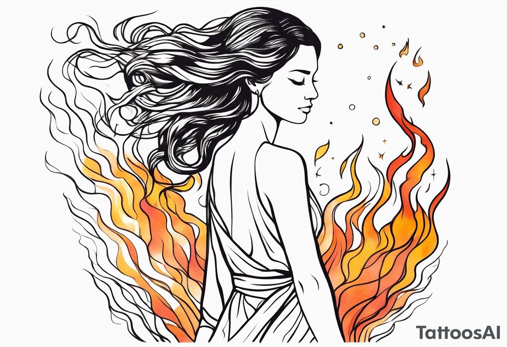 Resurrection strength and courage Beautiful Woman walking through fire and chaos to inner peace and self-love  ethereal tattoo idea