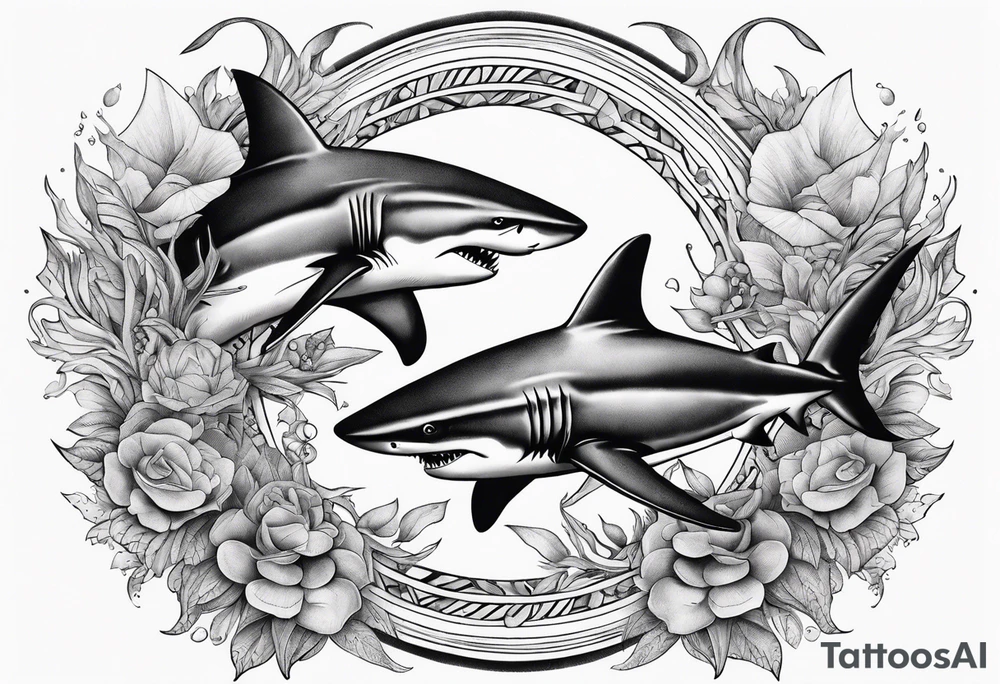 2 nautical style sharks wrapped around the knee in a circular pattern no background tattoo idea
