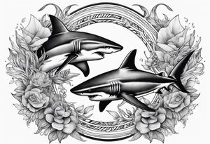 2 nautical style sharks wrapped around the knee in a circular pattern no background tattoo idea