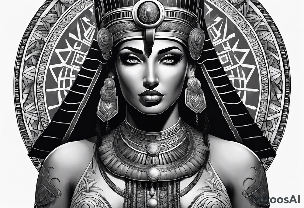 black and gray photo realistic goddess isis with minimal detail tattoo idea