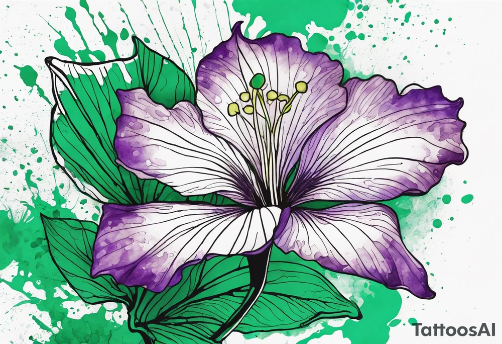 An outline of a green rio dipladenia flower and a green and purple watercolor splash in the background tattoo idea
