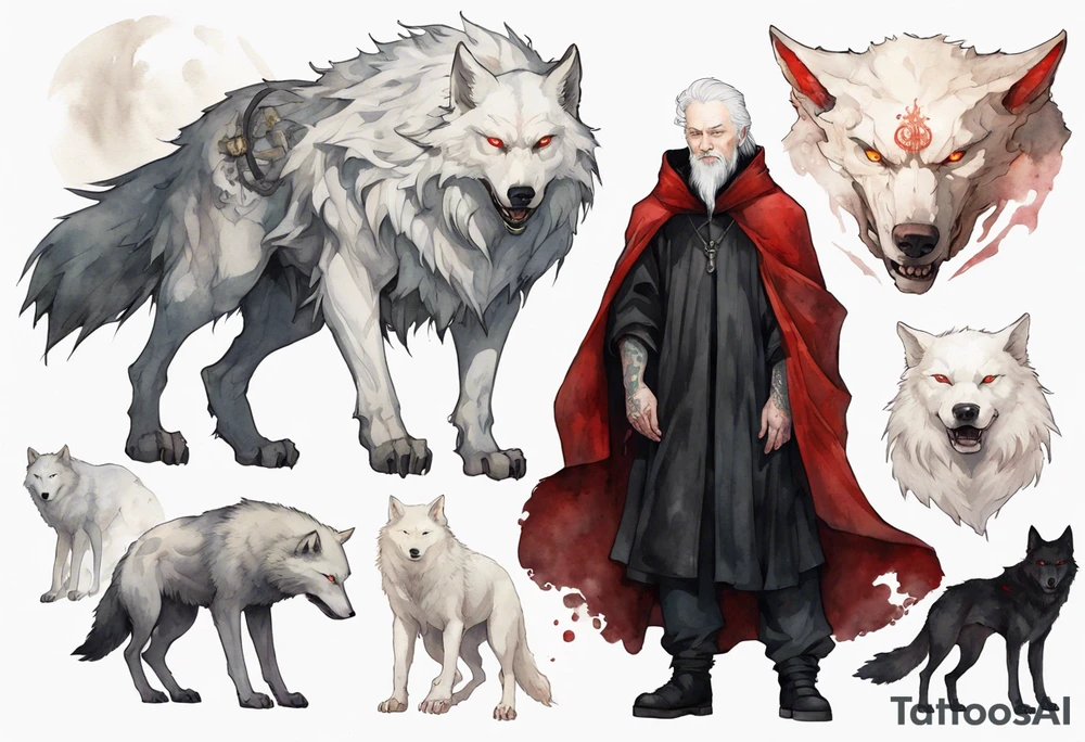 a pale-skinned medieval man with grey hair, red eyes, and a black cloak standing beside a massive albino wolf tattoo idea