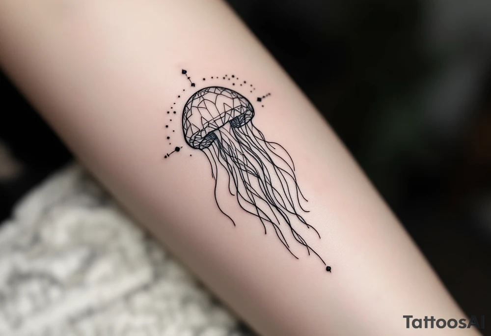 fine-line tattoo, single jellyfish, sacred geometry surround, dotwork patterns, jellyfish bell dome, flowing tentacles, trailing streamers, geometric mandala, radiating dotwork, minimalist design, black grey lines, soft shading, no outlines, geometric frame, organic jellyfish form, upper arm shoulder placement, light airy feel, delicate linework, geometric backdrop, refined elements, clean lines, radiating patterns, jellyfish centerpiece tattoo idea