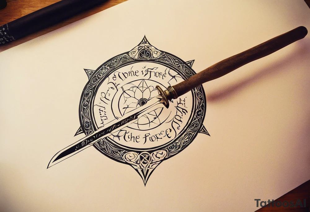 Create a tattoo design for the inner forearm. The main element should be the silhouettes of the nine characters from 'The Lord of the Rings' embarking on their journey, positioned on top of the Narsil sword. Surrounding the main design, include the text 'I'm One with the Force, and the Force is with me.' written in Elvish script. The design should be sleek and fit naturally on the inner forearm, with the silhouettes and sword being the central focus, while the Elvish script elegantly encircles the design. tattoo idea