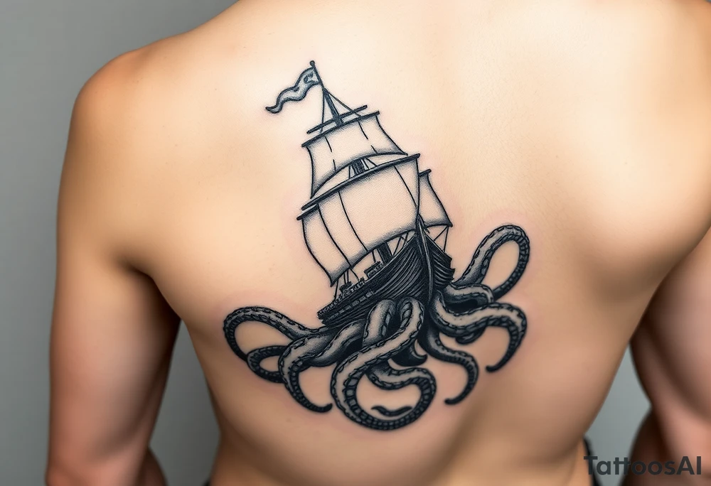 female side and hip tattoo pirate ship getting sunk by the kraken tattoo idea