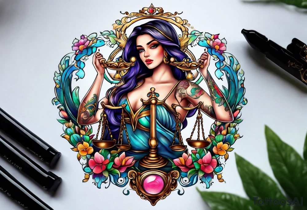 Intricate libra scales held by a beautiful woman tattoo idea
