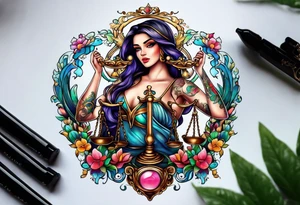 Intricate libra scales held by a beautiful woman tattoo idea