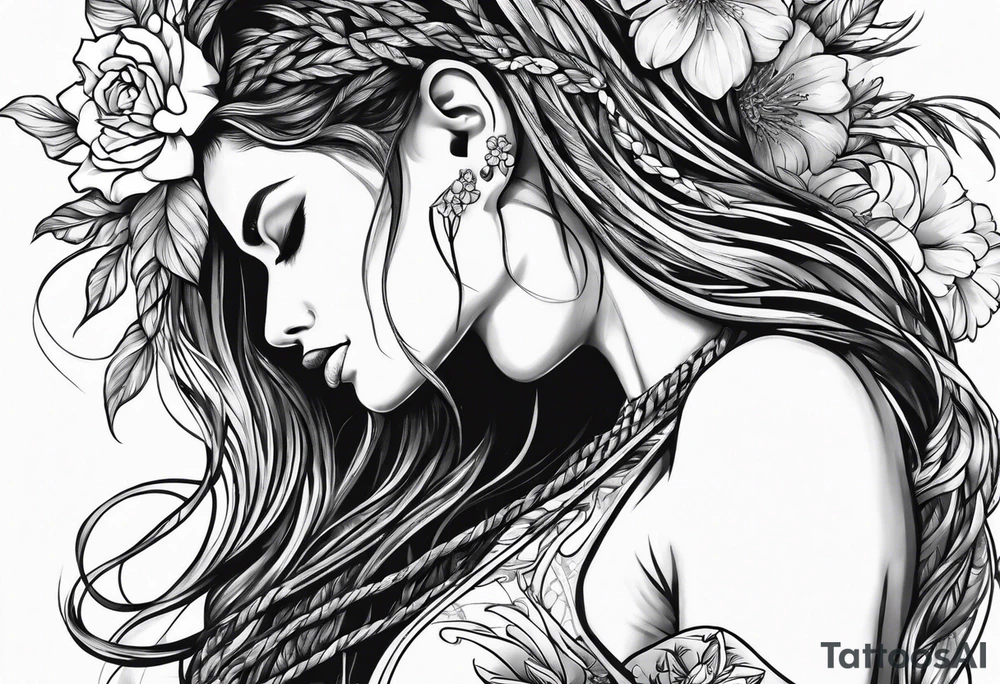 Woman with long locs side profile and flowers tattoo idea