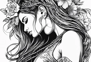 Woman with long locs side profile and flowers tattoo idea