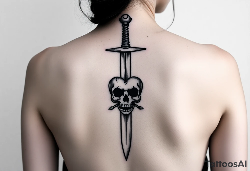 weathered guard sword going down spine with a skull heart tattoo idea