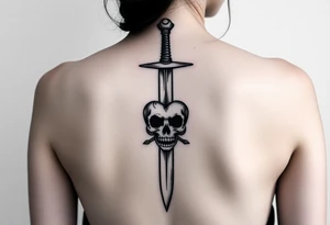weathered guard sword going down spine with a skull heart tattoo idea