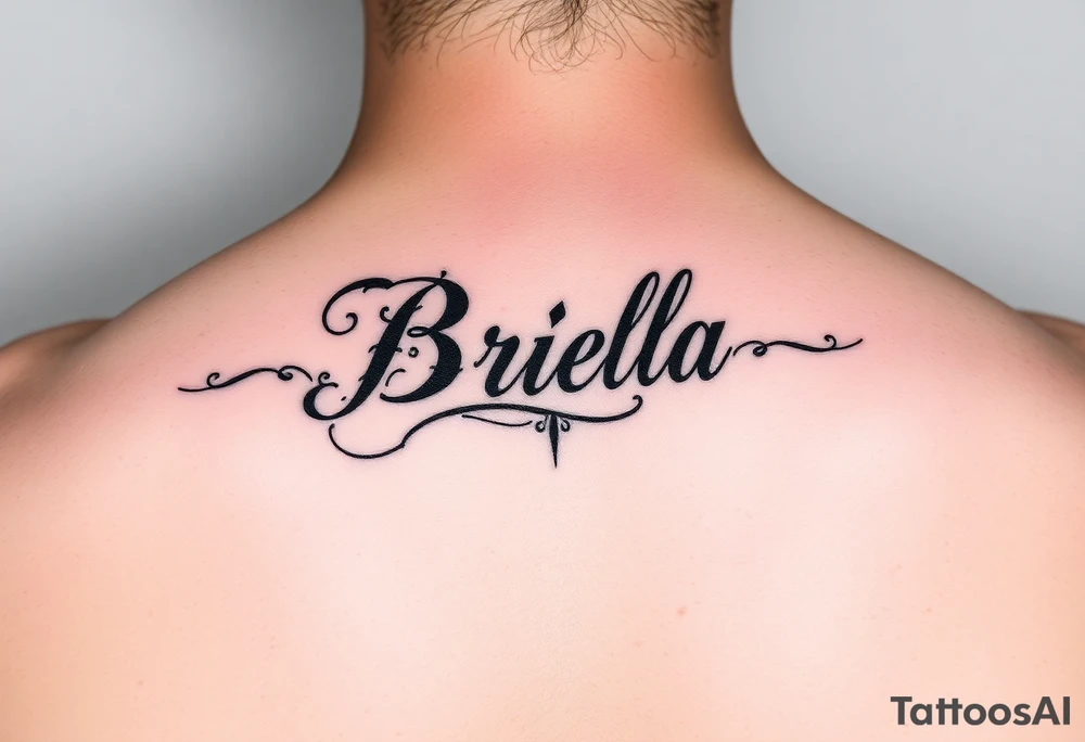 "Briella" in gothic font on hand along thumb tattoo idea