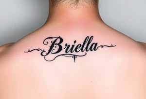 "Briella" in gothic font on hand along thumb tattoo idea