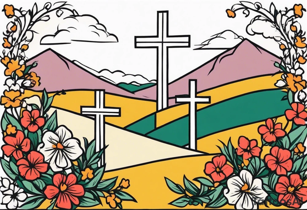 three crosses on hill


vintage flowers
old school vintage simple traditional design 



bold color simple tattoo idea