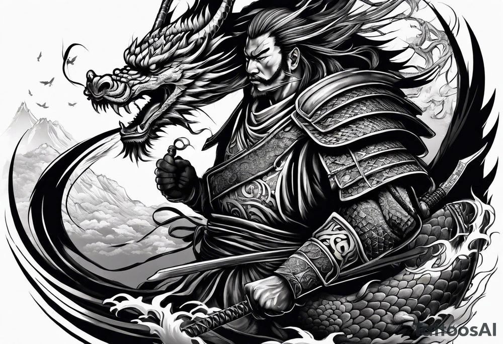 a japanese samurai fighting a dragon in battle tattoo idea