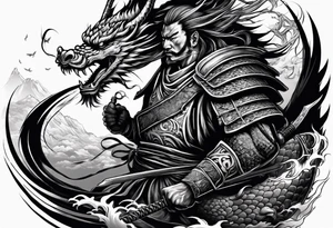 a japanese samurai fighting a dragon in battle tattoo idea