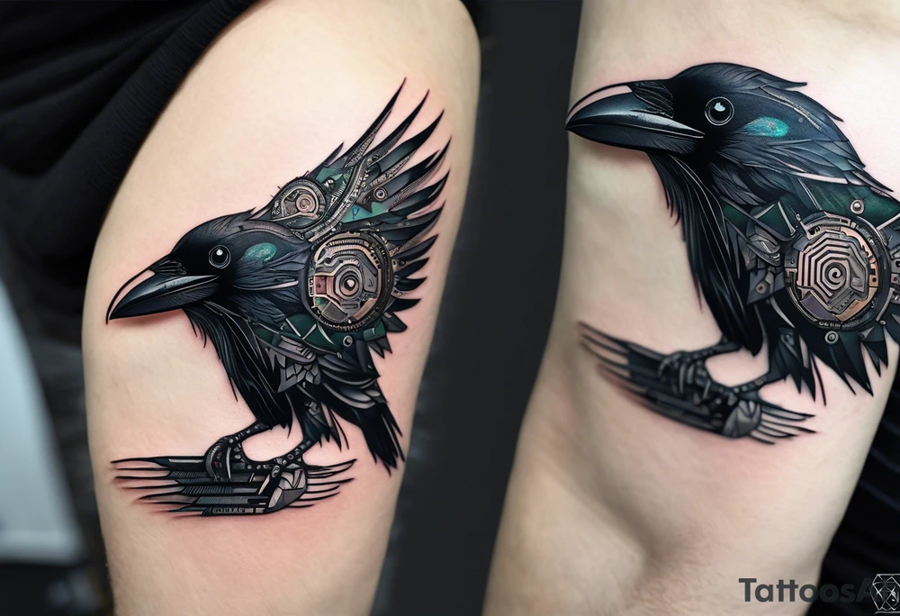 An epic-looking crow with intricate circuit boards and PCB designs running throughout its feathers. The crow's eye features a tiny CPU fitting perfectly in its pupil. The tattoo will be placed on the outer bicep, primarily in black ink with a small splash of color to make certain elements pop. tattoo idea
