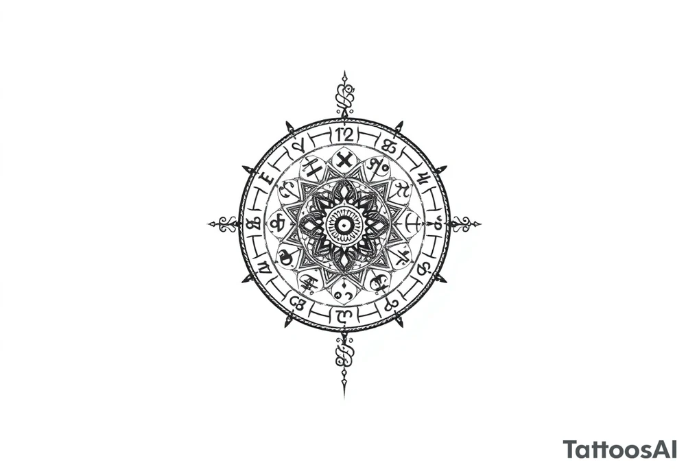 zodiac symbols runes within ornate clockwork mechanism tattoo idea