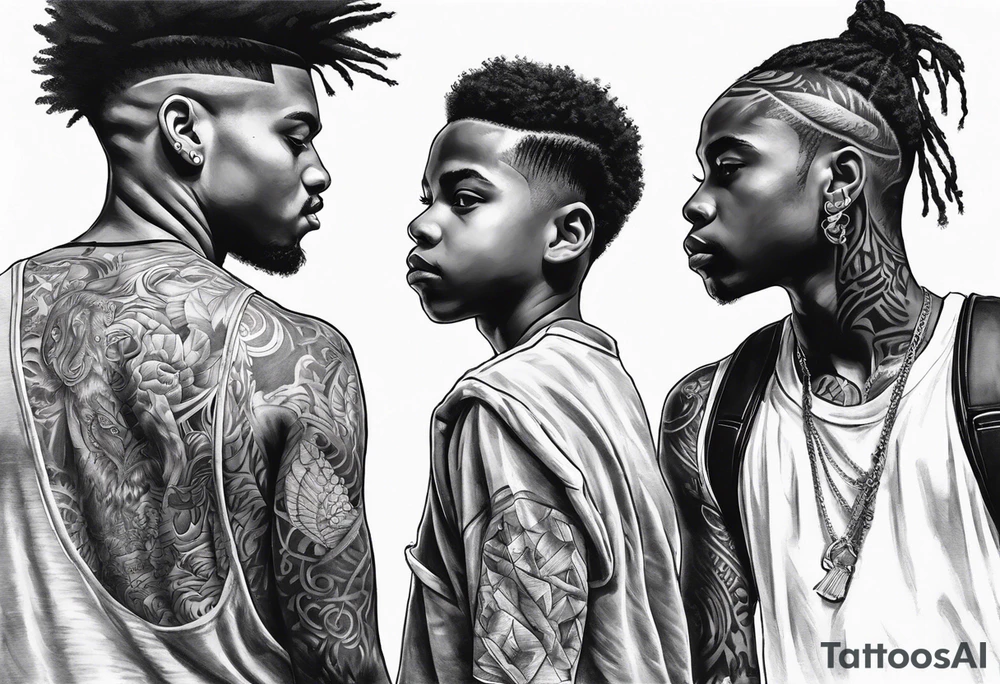 3 young black brothers walking away together  you can see from feet to head and one is looking to the side showing the side of his face tattoo idea