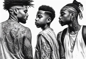 3 young black brothers walking away together  you can see from feet to head and one is looking to the side showing the side of his face tattoo idea