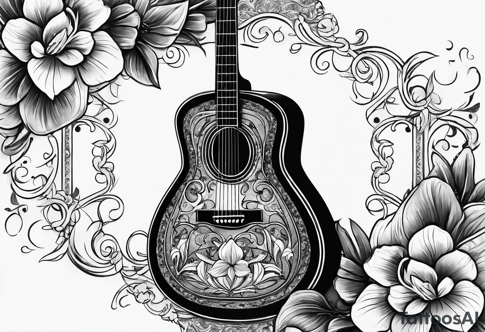 basic black acoustic guitar wrapped with lilies around the neck, with a simple black star on the guitar body. tattoo idea