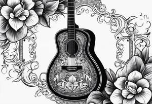 basic black acoustic guitar wrapped with lilies around the neck, with a simple black star on the guitar body. tattoo idea