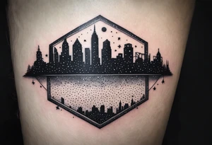 Starry sky with silhouette of Philadelphia skyline. Tattoo is embedded in a hexagonal frame tattoo idea