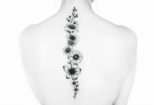 Singular Delphinium, violet, narcissus, rose, daisy vertically down the spine not connected with butterflies tattoo idea