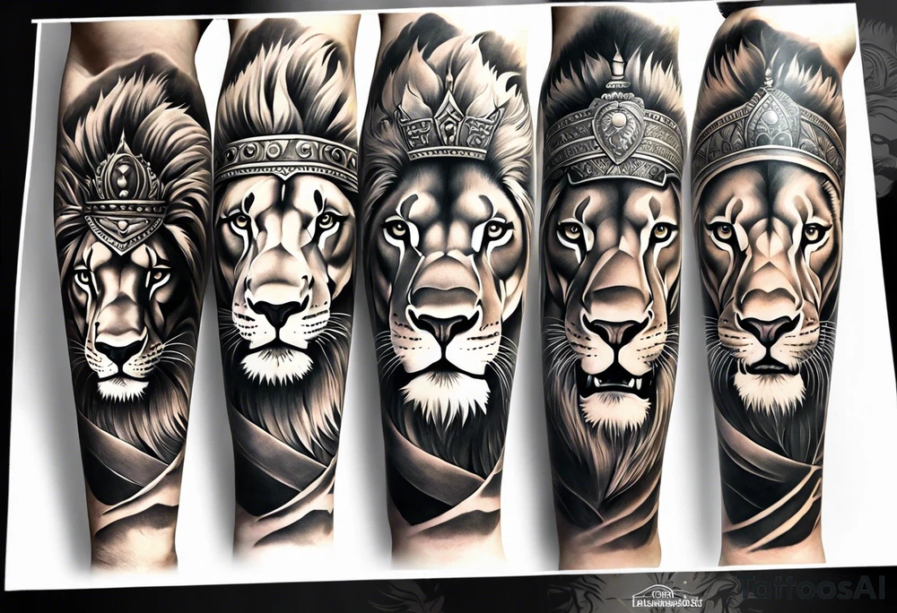 Full sleeve tattoo depicting a large lion protecting his lioness and 6 lion cubs. Background should depict a safari scene tattoo idea
