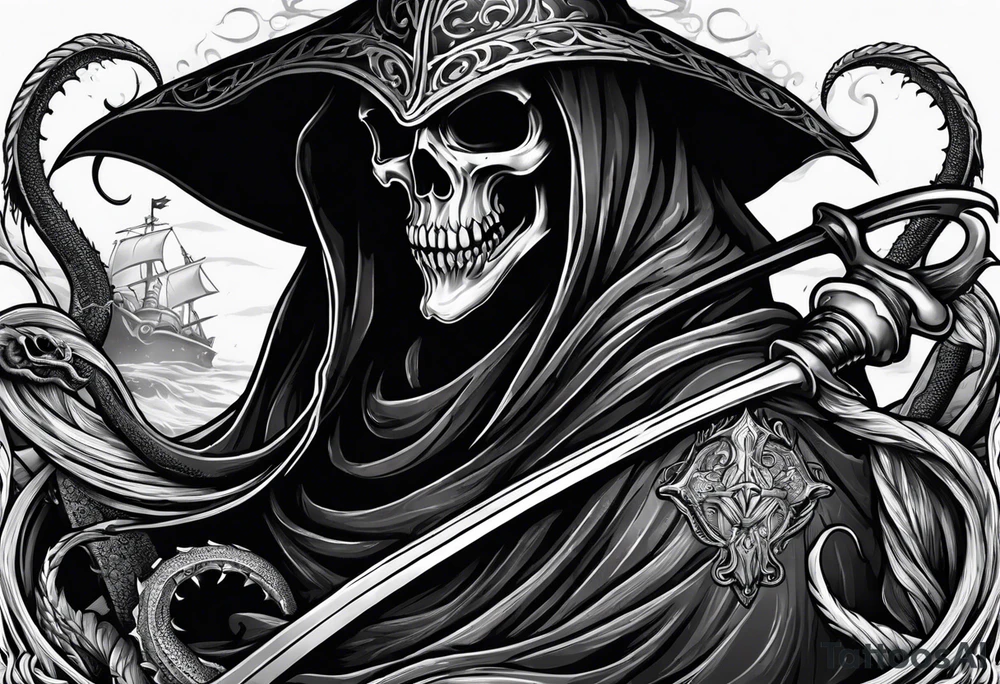 Grim reaper with a kraken in the background tattoo idea