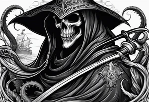 Grim reaper with a kraken in the background tattoo idea