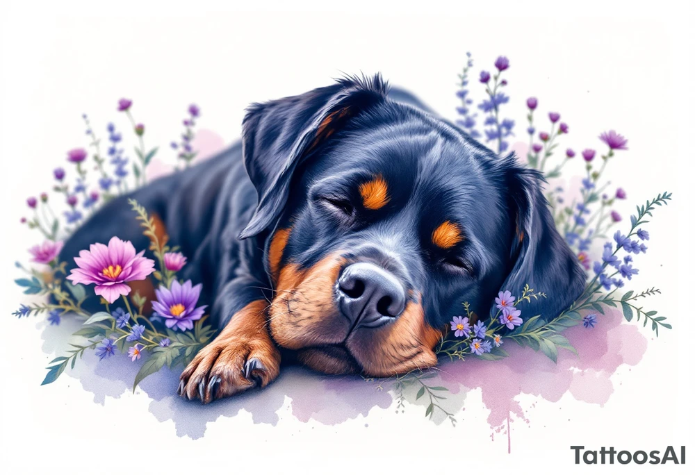 Rottweiler in Flowers – A full-body Rottweiler lying peacefully in a field of purple wildflower tattoo idea