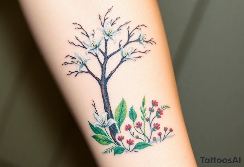 Lilly of the vally plants underneath a blooming hawthorn tree with other plants on ground tattoo idea