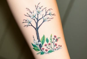 Lilly of the vally plants underneath a blooming hawthorn tree with other plants on ground tattoo idea