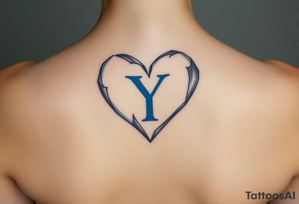 A shattered glass heart with the letter "Y" in blue, symbolizing love’s fragility and strength. tattoo idea