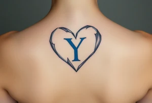 A shattered glass heart with the letter "Y" in blue, symbolizing love’s fragility and strength. tattoo idea